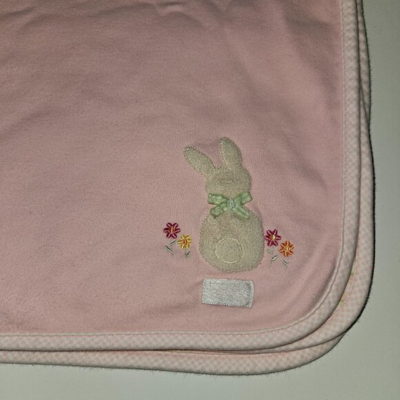 VTG Carter's Bunny Rabbit Pink Baby Blanket JOY IS Green White Stripe Cotton - Picture 2 of 8